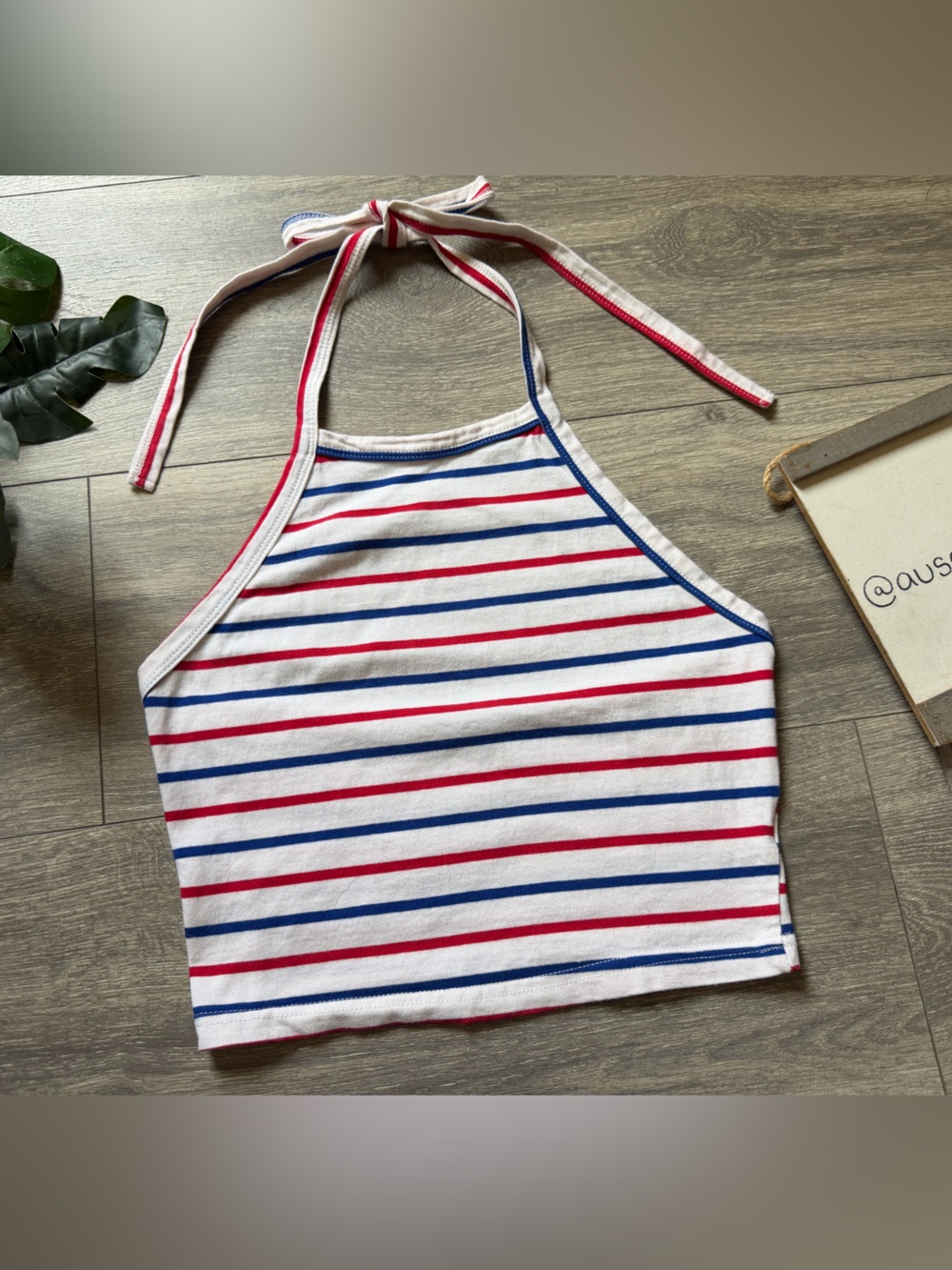 SHEIN Retro Red White Blue Striped Cropped Halter Tank Top. Size XS